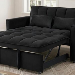 Dreamzie 3 in 1 Convertible Sofa Bed,Pull Out Couch with Side Pockets, 55” Loveseat Sleeper Sofa Bed with Adjustable Backrest for Living Room, Velvet, Black