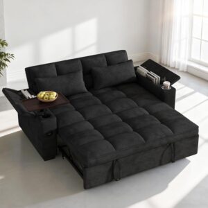 Dreamzie 65'' Convertible Sleeper Sofa Bed with 90° Swivel Side Table, Chenille Pull Out Couch for Living Room, Loveseat Sleeper with Hidden Storage Space | Charging Port | Cup Holders, Black