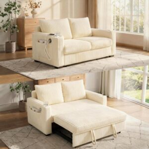 Dreamzie 53" Pull Out Couch, 3 in 1 Convertible Sleeper Sofa Bed, Corduroy Fabric Double Loveset with Pull Out Bed, USB Port, Side Pockets and Cup Holders for Living Room and Apartment, White