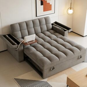 Dreamzie 65'' Wide 3 in 1 Convertible Sleeper Sofa Bed, Pull Out Couch for Living Room with Hidden Laptop Desk, Loveseat Sleeper with Side Pocket | Adjustable Backrest | USB Port (Fabric, Dark Grey)