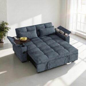 Dreamzie 65'' Convertible Sleeper Sofa Bed with 90° Swivel Side Table, Chenille Pull Out Couch for Living Room, Loveseat Sleeper with Hidden Storage Space | Charging Port | Cup Holders, Blue