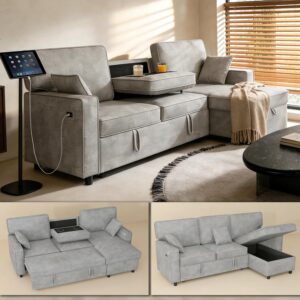 Dreamzie 89'' L Shaped Sectional Sleeper Sofa with Flip-Down Center Console & Charging Ports, Chenille 3 Seater Pull Out Couch for Living Room, Convertible Sofa Bed Couch for Apartment, Office - Grey | Cup Holders