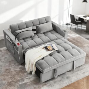 Dreamzie 3 in 1 Convertible Sleeper Sofa Bed with Swivel Phone Stand, Pull Out Couch for Living Room with USB Port, Loveseat Sleeper with Side Pocket | Adjustable Backrest | Cup Holder (Grey)