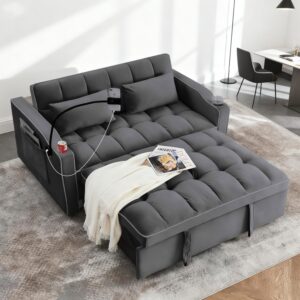 Dreamzie 3 in 1 Convertible Sleeper Sofa Bed, 55.5‘’ Pull Out Couch for Living Room with Swivel Phone Stand, Loveseat Sleeper Couch with Adjustable Backrest | USB Port | Cup Holder (Dark Grey)