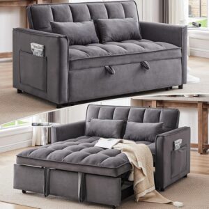 Dreamzie 53" Sleeper Sofa, 3 in 1 Convertible Sofa Bed & Pull Out Couch, Modern Velvet Loveseat with Adjustable Backrest, Side Storage Pocket & 2 Pillows for Apartment Living Room, Grey