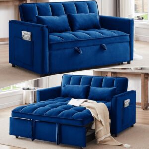 Dreamzie 53" Sleeper Sofa, 3 in 1 Convertible Sofa Bed & Pull Out Couch, Modern Velvet Loveseat with Adjustable Backrest, Side Storage Pocket & 2 Pillows for Apartment Living Room, Blue