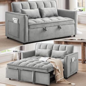 Dreamzie 53" Sleeper Sofa, 3 in 1 Convertible Sofa Bed & Pull Out Couch, Modern Velvet Loveseat with Adjustable Backrest, Side Storage Pocket & 2 Pillows for Apartment Living Room, Light Grey