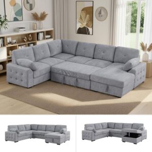 Dreamzie 117" Sectional Sleeper Sofa with Pull Out Bed, Sectionals Couch with Storage Chaise Lounge, 6 Seater U Shaped Sectional Couches for Living Room, Chenille | Light Gray