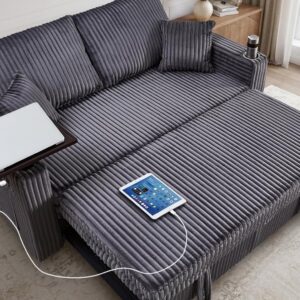 Dreamzie 3 in 1 Convertible Sofa Bed, 65” Sleeper Sofa with Pull Out Couch Bed, Corduroy Loveseat with 360° Swivel Side Table | USB Port | Adjustable Backrest for Living Room (Charcoal Black)