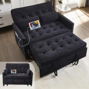 Dreamzie 55'' 3 in 1 Convertible Sofa Bed with USB Charging Ports, Pull Out Couch with Adjustable Backrest and Side Pockets, Sleeper Sofa for Living Room, Apartment, RV, Easy Assembly - Black