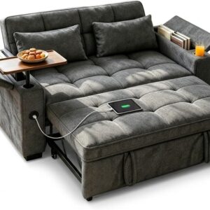 Dreamzie 65'' Convertible Sleeper Sofa Bed with 90° Swivel Side Table, Chenille Pull Out Couch for Living Room, Loveseat Sleeper Couch with Hidden Storage Space | Charging Port | Cup Holders, Grey