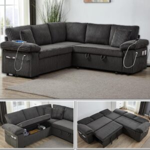 Dreamzie 81" Modular Sectional Sofa with Pull Out Bed, Corduroy L Shaped Couch with Hidden Storage & Adjustable Backrest, 5 Seater Sectional Couches for Living Room, USB Charging Ports (Dark Grey)