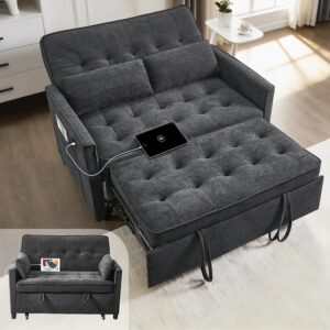 Dreamzie 55'' 3 in 1 Convertible Sofa Bed with USB Charging Ports, Pull Out Couch with Adjustable Backrest and Side Pockets, Sleeper Sofa for Living Room, Apartment, RV, Easy Assembly - Dark Grey