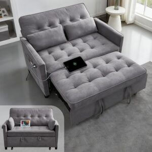 Dreamzie 55'' 3 in 1 Convertible Sofa Bed with USB Charging Ports, Pull Out Couch with Adjustable Backrest and Side Pockets, Sleeper Sofa for Living Room, Apartment, RV, Easy Assembly - Grey