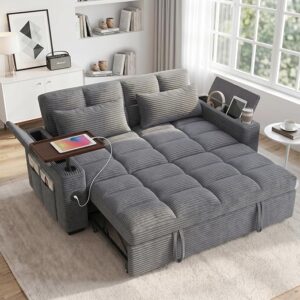 Dreamzie 65'' Convertible Sleeper Sofa Bed with 90° Swivel Side Table, Corduroy Pull Out Couch for Living Room, Loveseat Sleeper Couch with Hidden Storage Space | Charging Port | Cup Holders, Grey