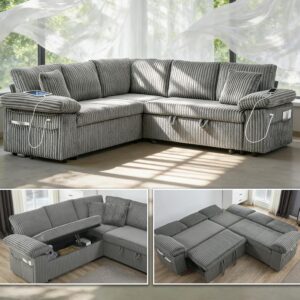 Dreamzie 81" Modular Sectional Sofa with Pull Out Bed, Corduroy L Shaped Couch with Hidden Storage & Adjustable Backrest, 5 Seater Sectional Couches for Living Room, USB Charging Ports (Light Grey)