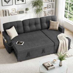 82" L Shaped Sectional Sleeper Sofa with USB Charging Ports, 3-Seater Pull Out Couch Bed with Storage Chaise, Reversible Convertible Sofa Bed for Living Room, Apartment(Linen, Dark Grey)